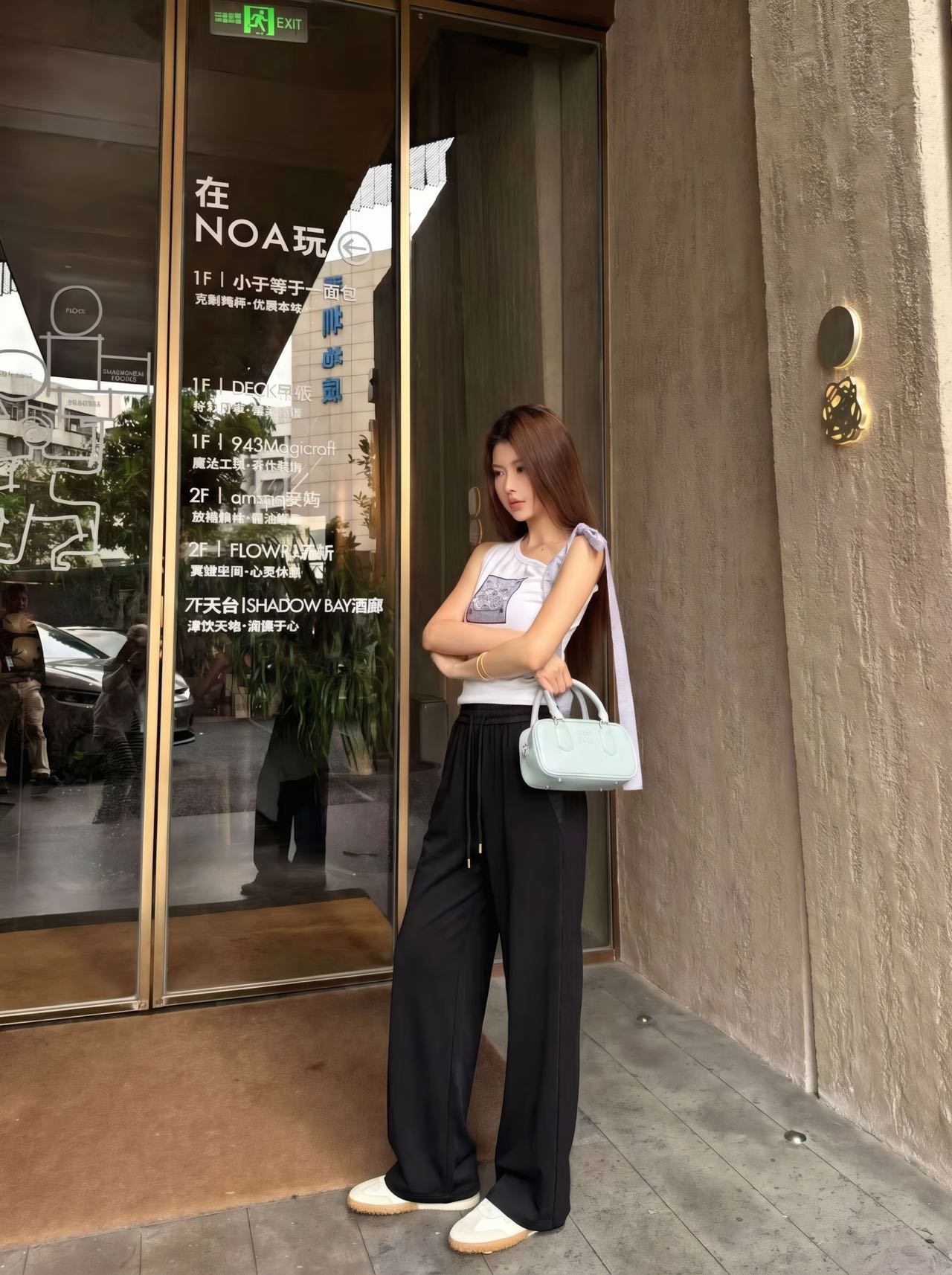 路L家-26鬆緊腰老花拼接休閒寬腿褲 黑色