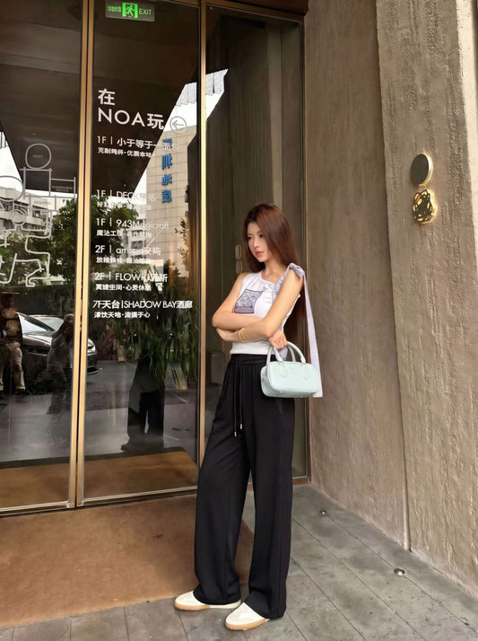 路L家-26鬆緊腰老花拼接休閒寬腿褲 黑色