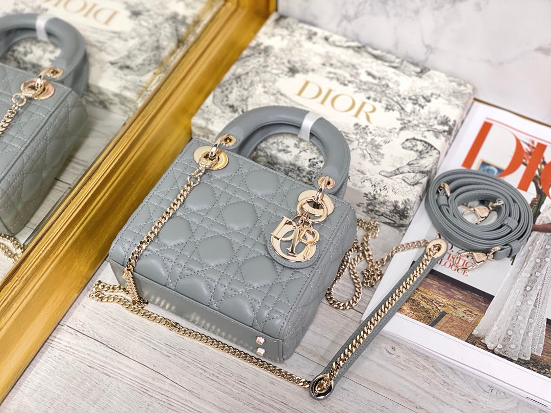 Dior-Mini Lady Dior手袋-三格黛妃-17cm-石灰色金扣