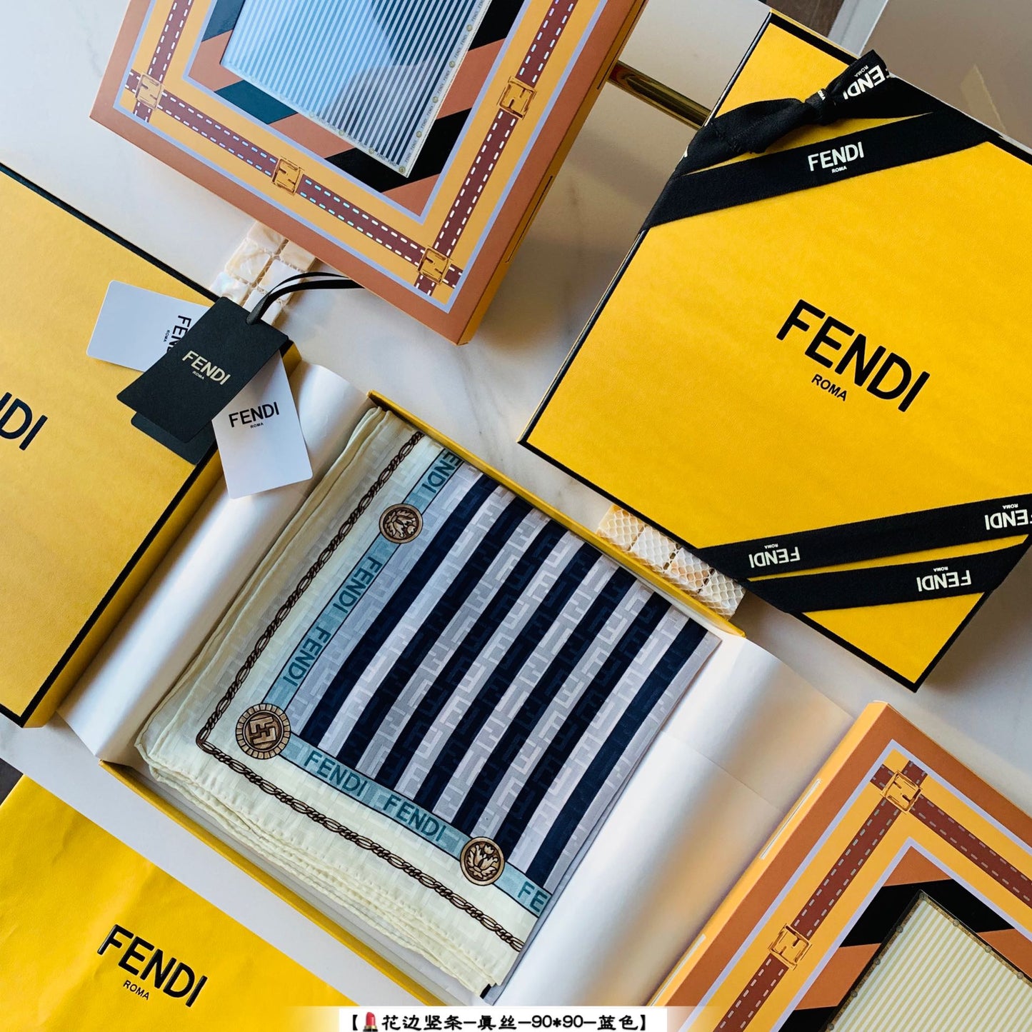 芬F家-花邊直條 90真絲方巾-暗紋提花搭配FF LOGO