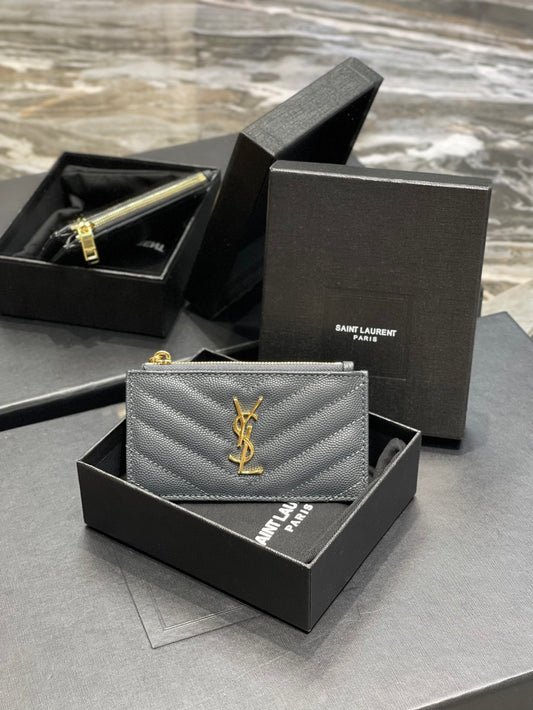 YSL 新品卡包-藍灰色金扣