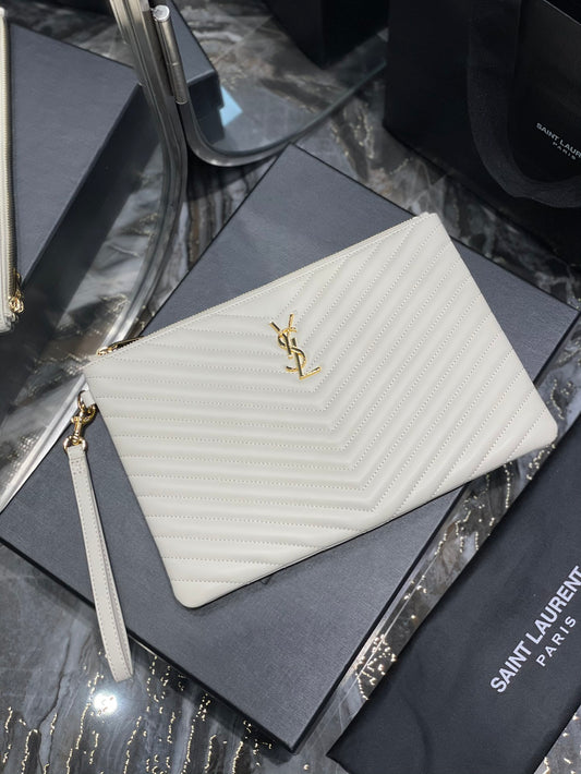 YSL_提花拼接文件手拿包-白色金扣-30cm