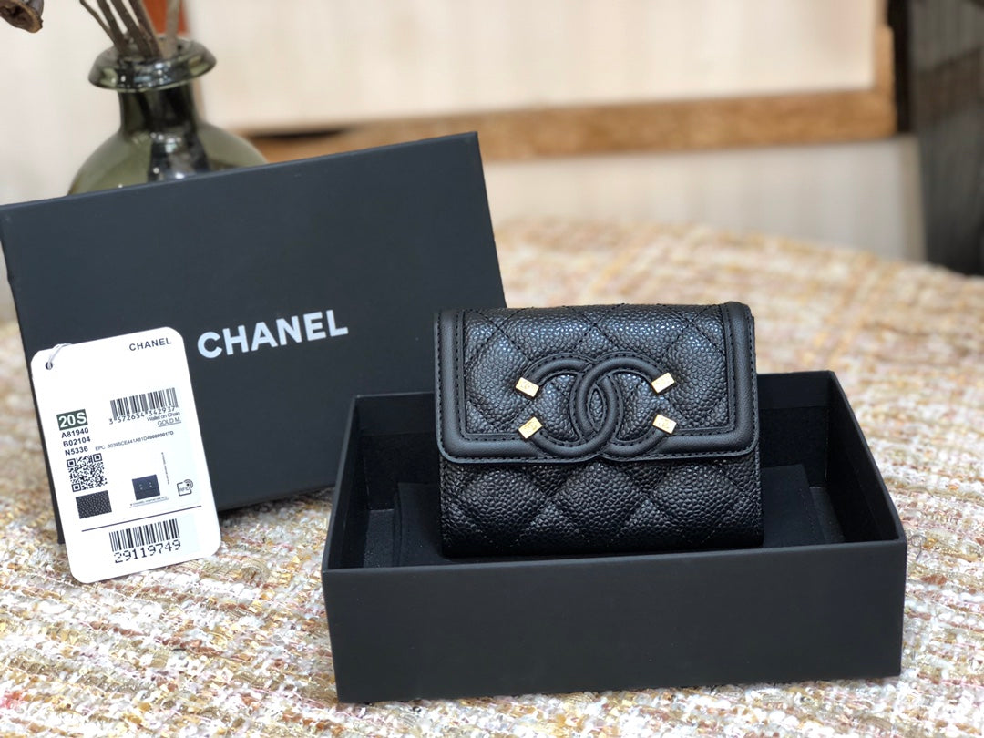 Chanel 復古CC荔枝牛皮-黑色翻蓋雙層卡包-仿舊五金