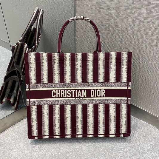 Dior Book Tote-大號41.5cm-酒紅色條紋