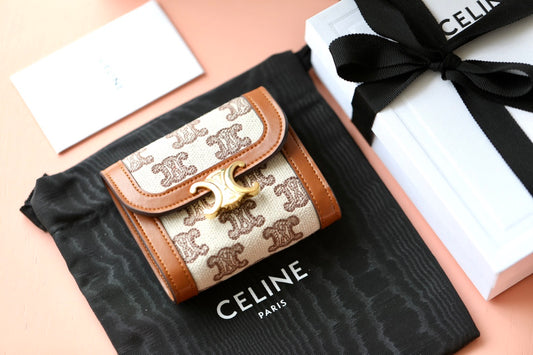 Celine 小號TRIOMPHE刺繡織物錢包-棕色