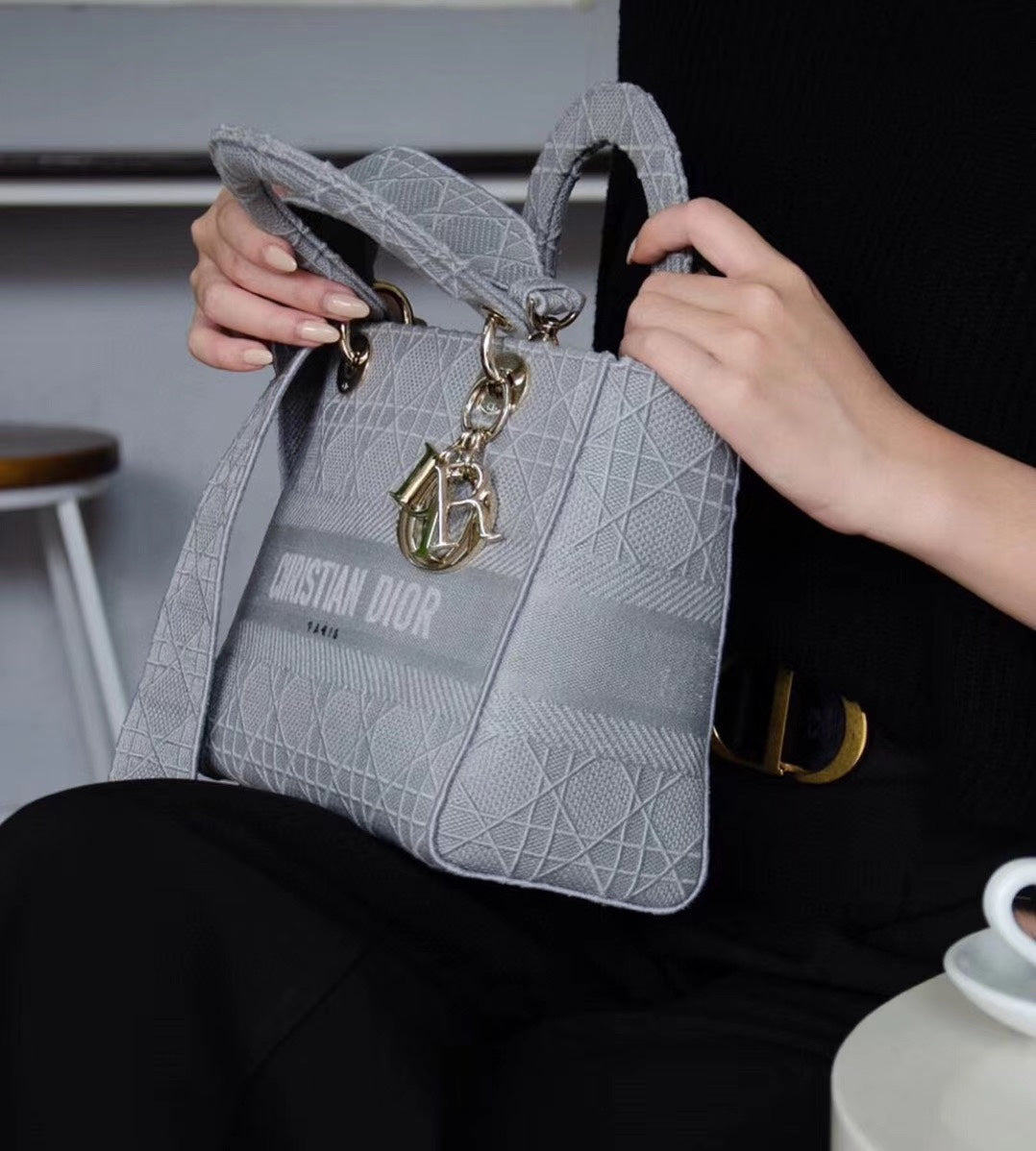 Dior Lady D-Lite黛妃包-刺繡灰色