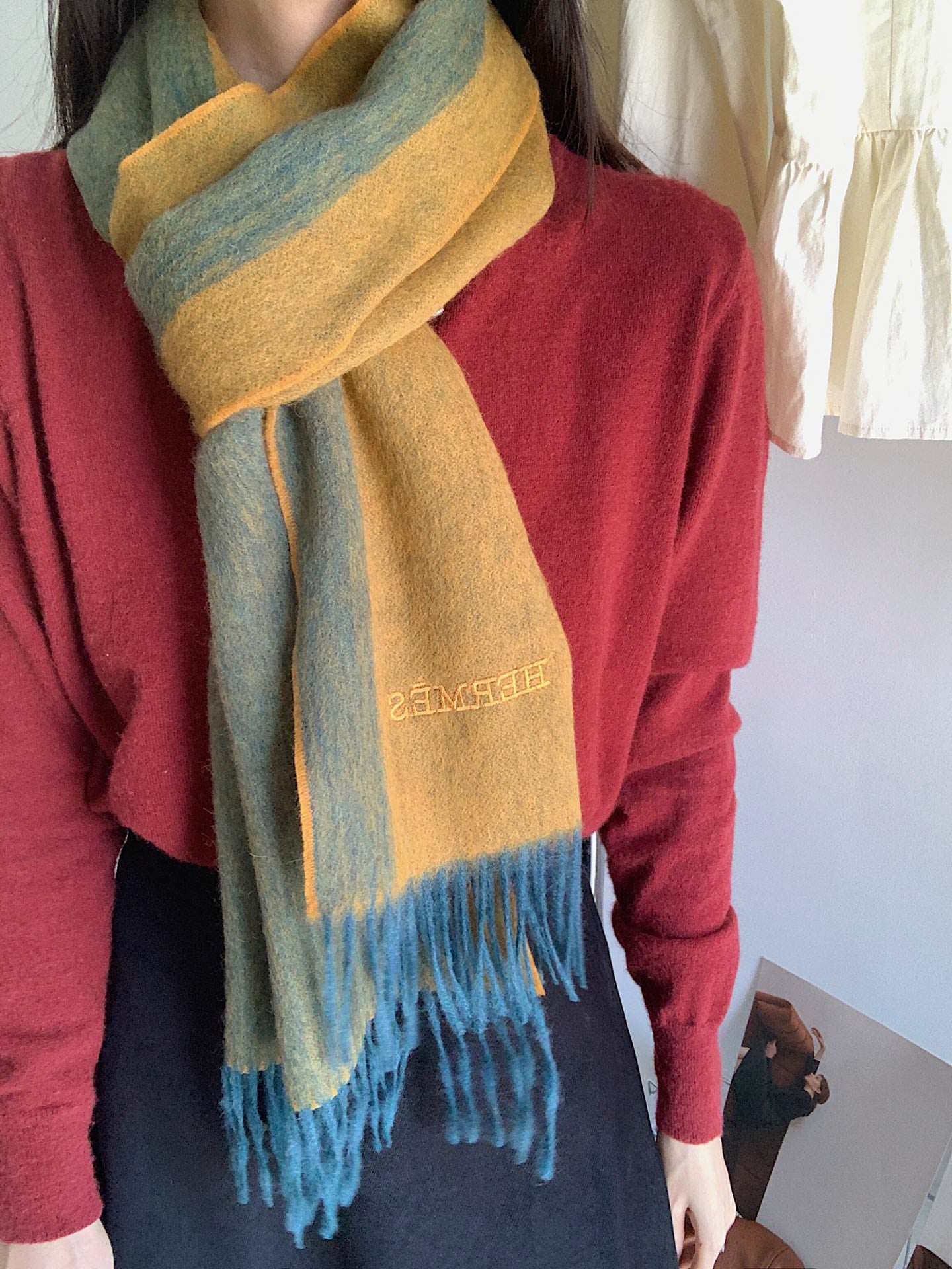 小愛款-撞色圍巾 35*190cm  綠色