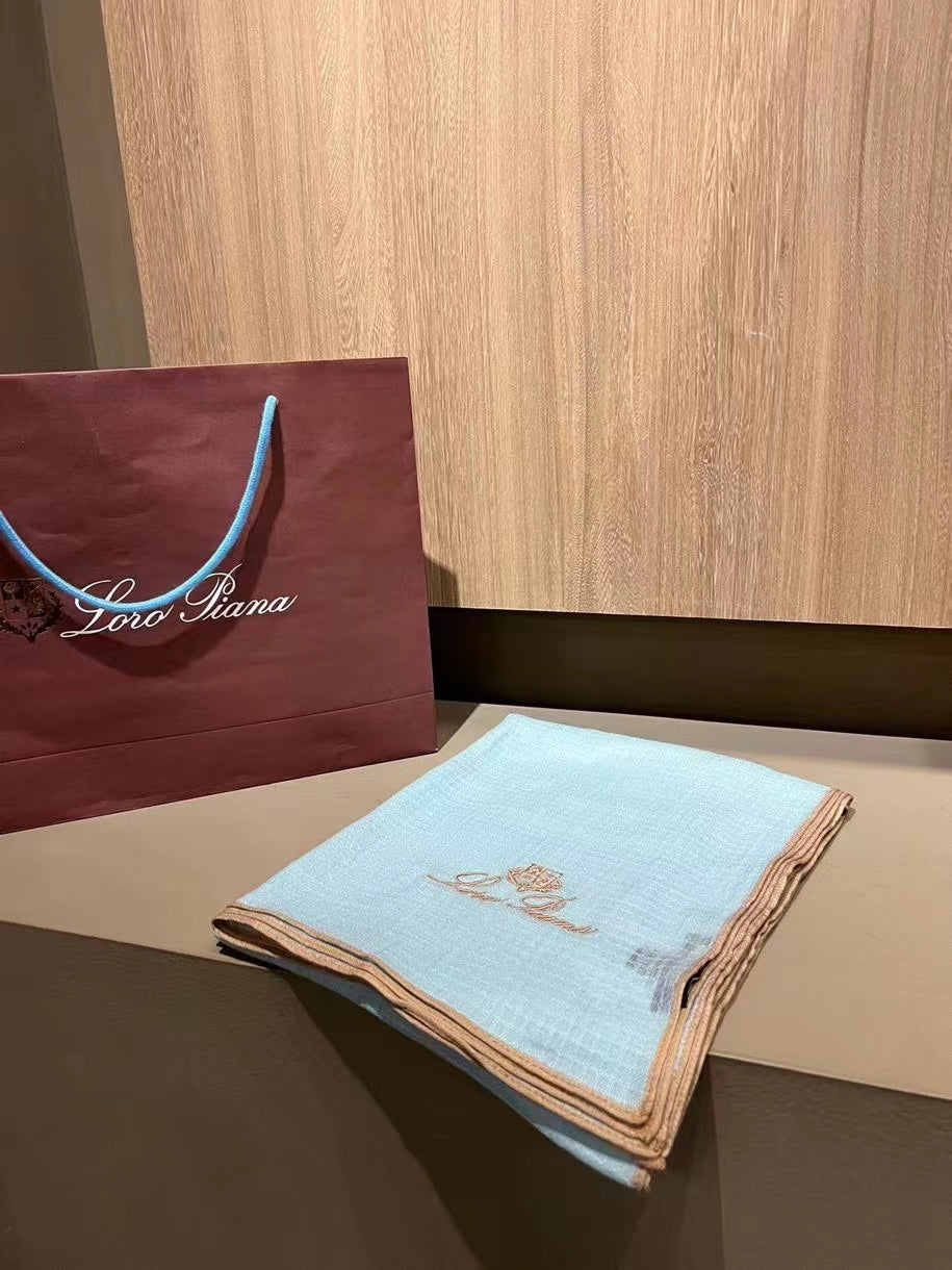 L-Piana 華夫格彩邊水毛刺繡長巾-100%羊絨-90*200cm