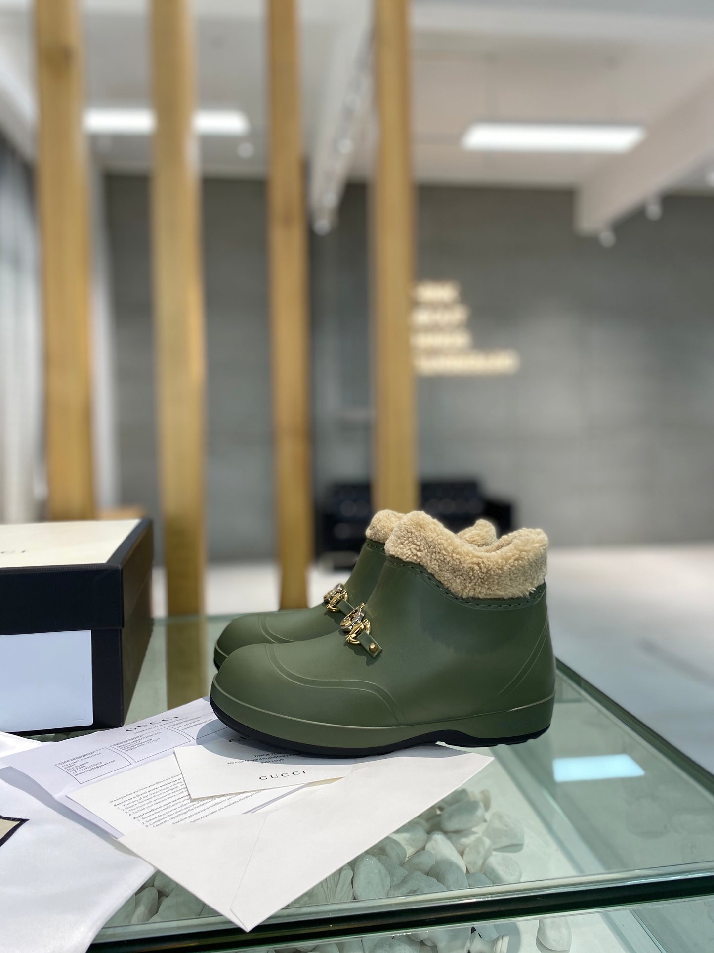 古G家-IP橡膠發泡 毛毛保暖雨靴 軍綠色