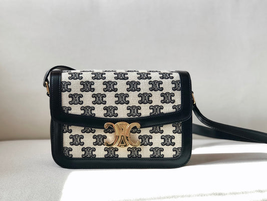 Celine 中號TRIOMPHE刺繡織物和牛皮革手袋-黑色