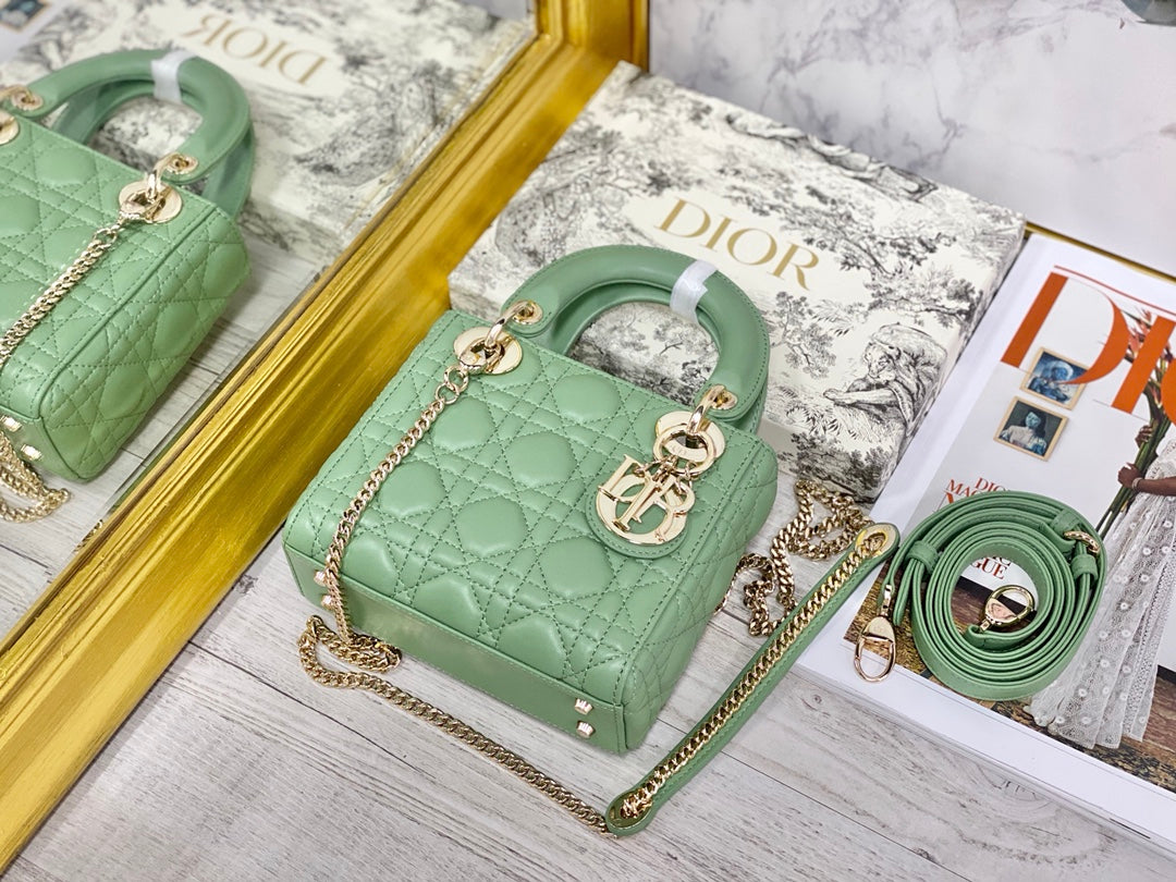 Dior-Mini Lady Dior手袋-三格黛妃-17cm-牛油果綠金扣