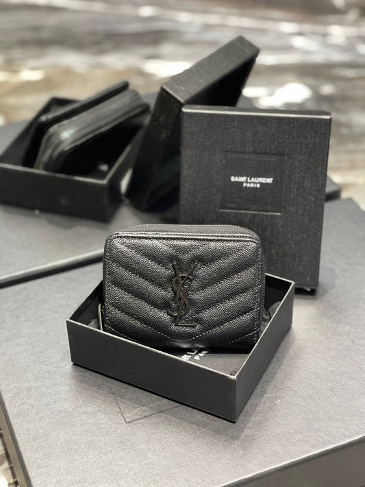 YSL 拉鍊短夾 黑色黑扣