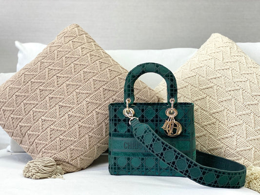 Dior Lady D-Lite黛妃包-天鵝絨刺繡綠色
