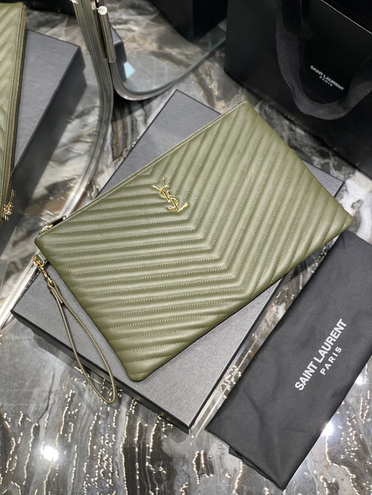 YSL 提花拼接文件手拿包-綠色金扣-36cm