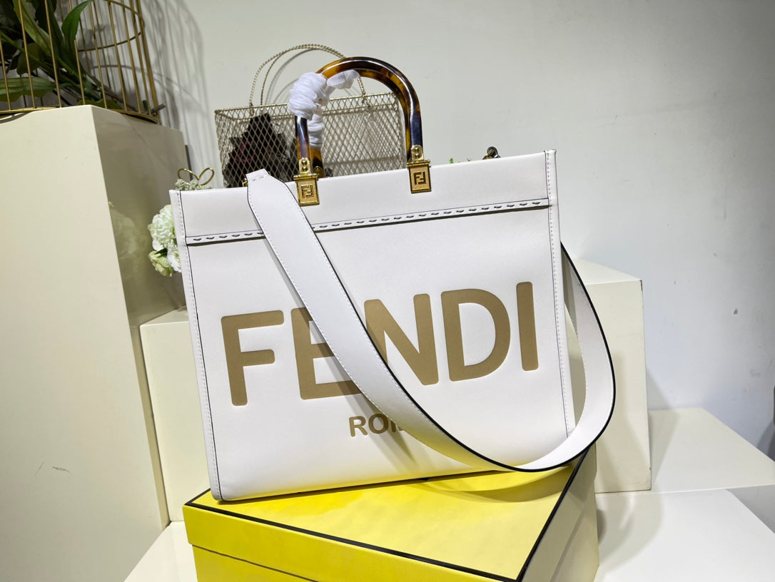 芬F家-Fendi Sunshine-中號白色牛皮手提袋
