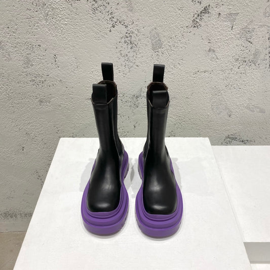 B編織-22SS 英倫復古中筒靴 男女同款 黑色紫底