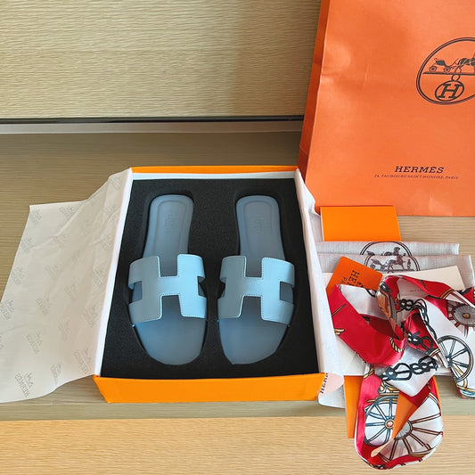 小愛款-H平底拖鞋 純色皮面 全包中底