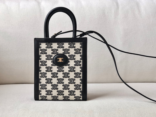 Celine CABAS 迷你TRIOMPHE刺繡織物豎款手袋