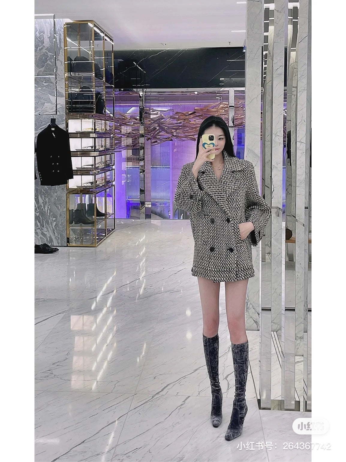 聖Y羅-2022早春款 細高跟絨面膝上靴 黑色