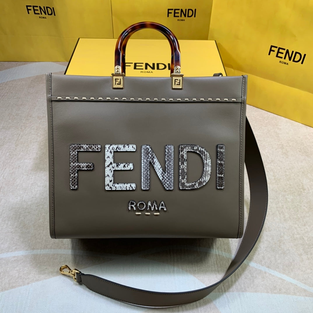芬F家-Fendi Sunshine-中號灰色印花蛇皮手提袋