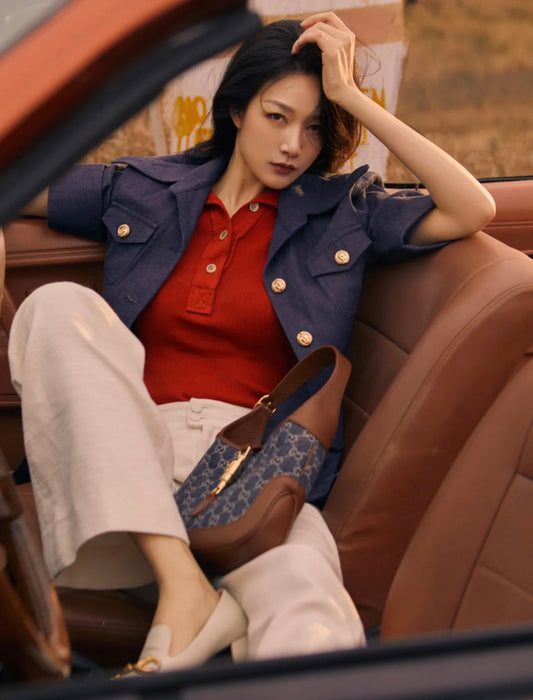 古G家-經典 Jackie 丹寧牛仔帆布手袋-上身圖參考 腋下包