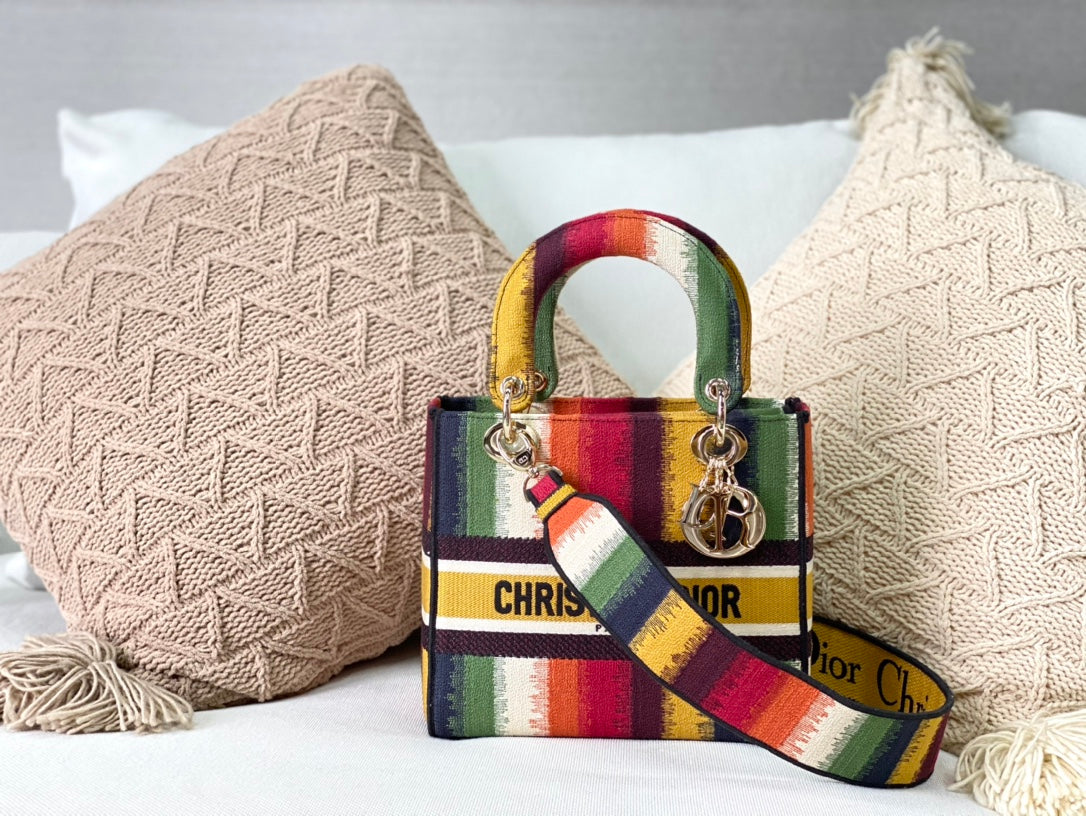 Dior Lady D-Lite黛妃包-帆布刺繡-多色條紋