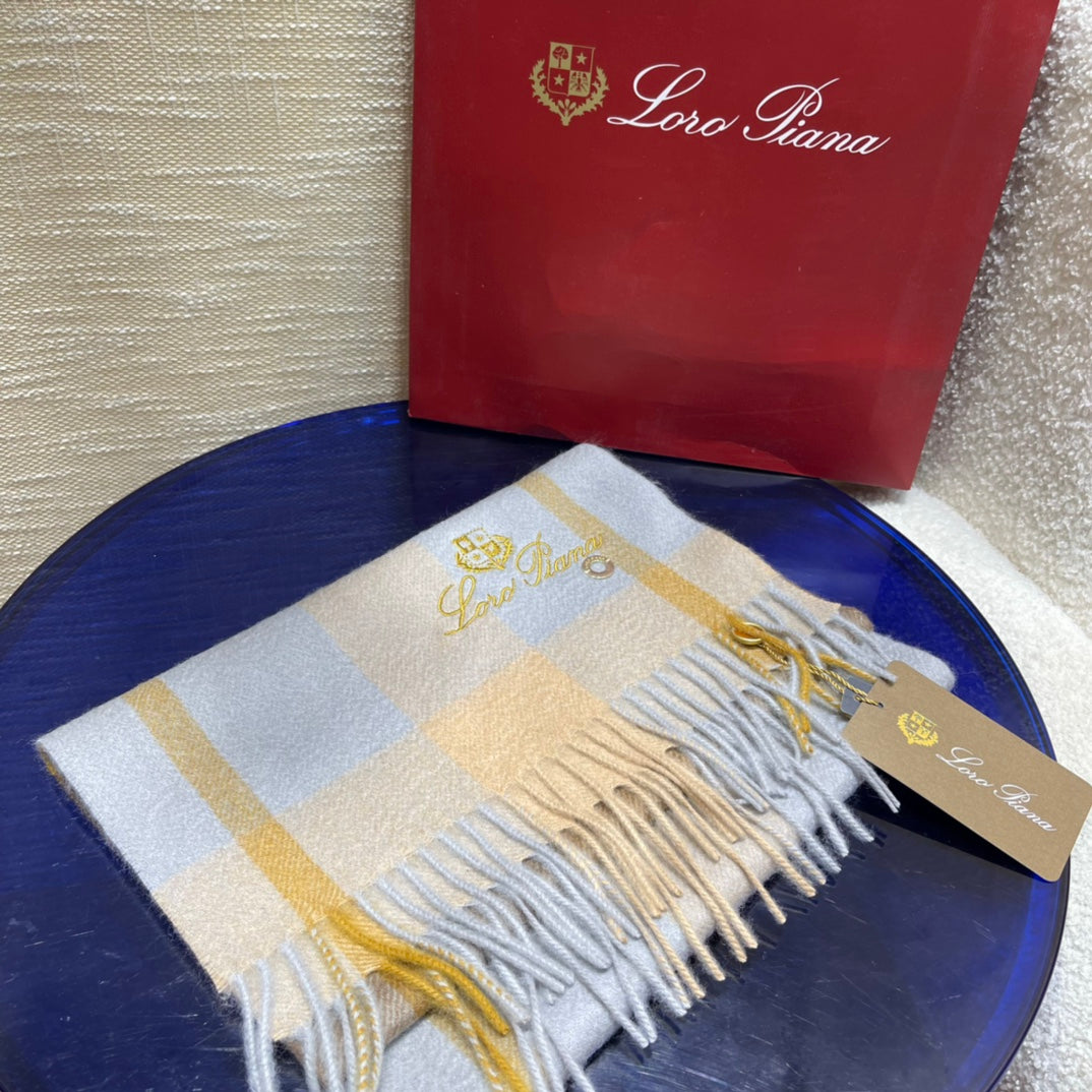L-Piana-格子圍巾 30*168cm 100%羊絨 藍色