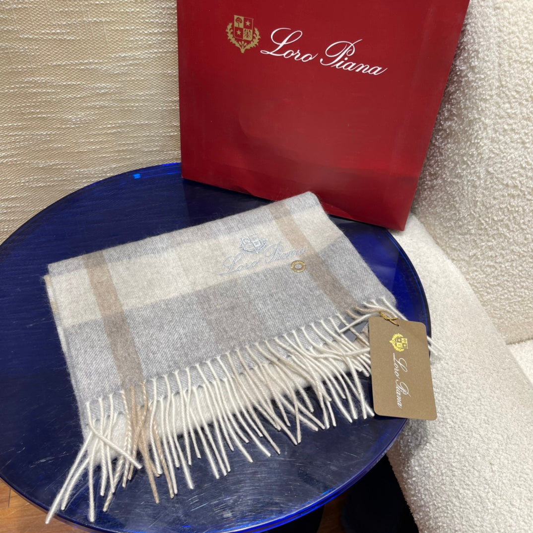 L-Piana-格子圍巾 30*168cm 100%羊絨 灰色