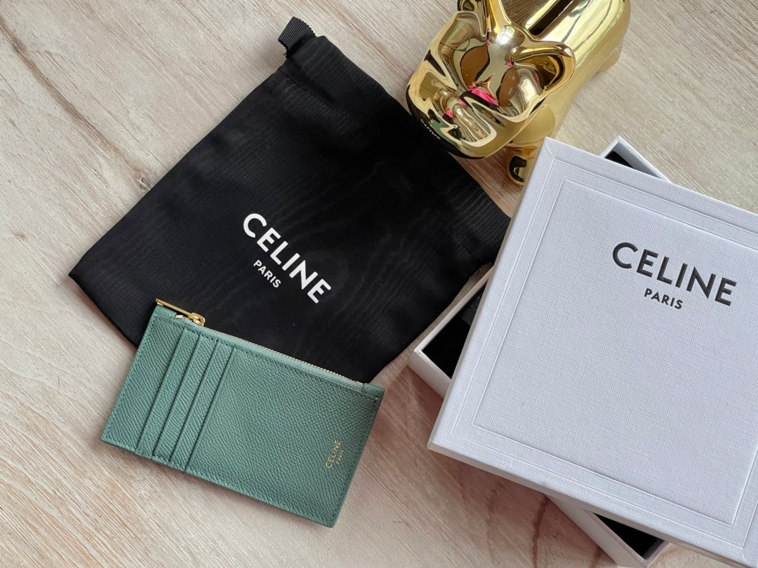 Celine 粒面小牛皮拉鍊卡包-青綠色