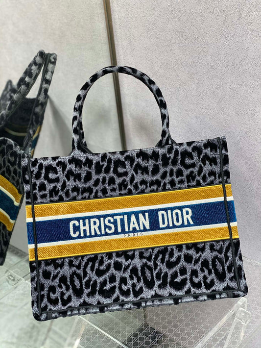 Dior Book Tote-小號36.5cm-絲絨豹紋-黃