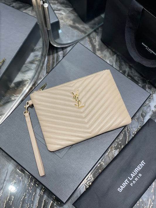 YSL 提花拼接文件手拿包-杏色金扣-24cm