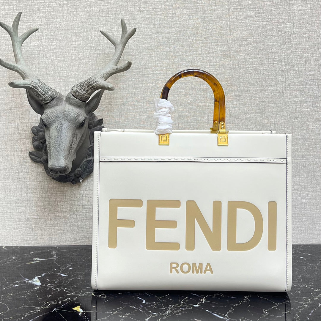 芬F家-Fendi Sunshine-中號白色燙印牛皮手提袋