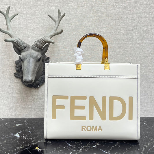 芬F家-Fendi Sunshine-中號白色燙印牛皮手提袋