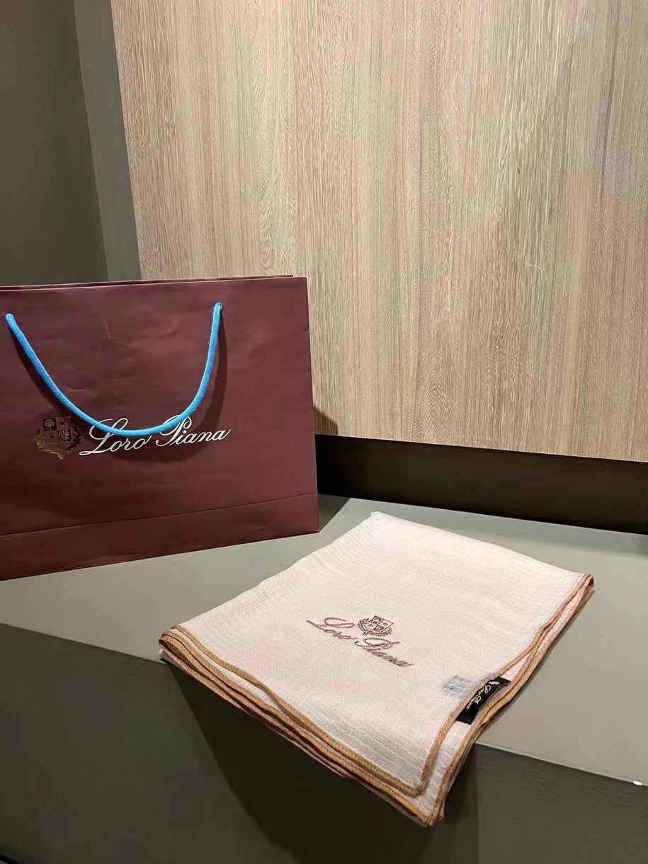 L-Piana 華夫格彩邊水毛刺繡長巾-100%羊絨-90*200cm