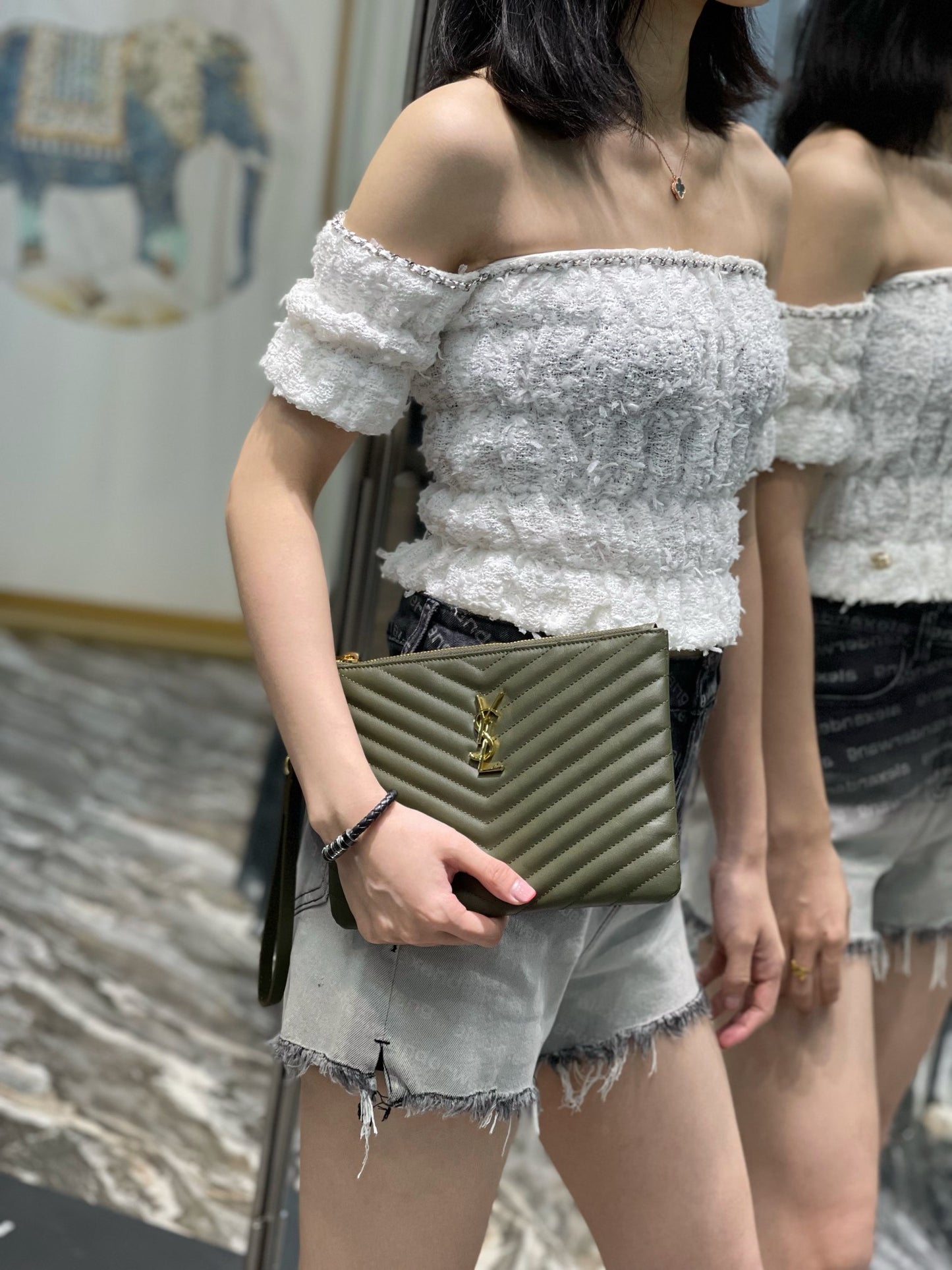 YSL 提花拼接文件手拿包-綠色金扣-24cm