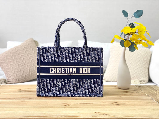 Dior Book Tote-小號36.5cm-深藍老花天鵝絨
