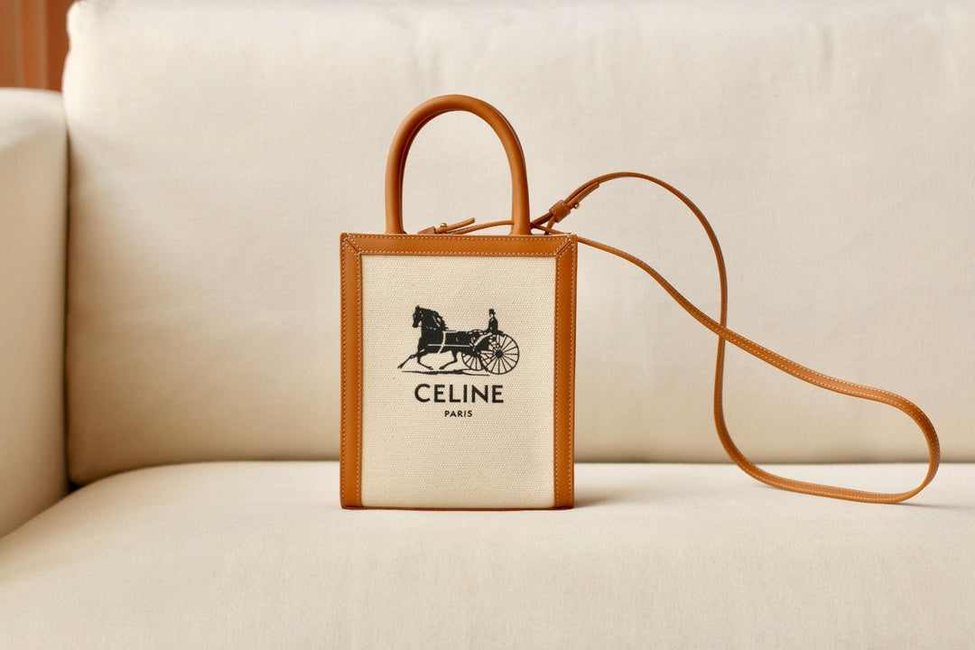 Celine CABAS迷你SULKY印花織物和牛皮革豎款手袋-黃棕布