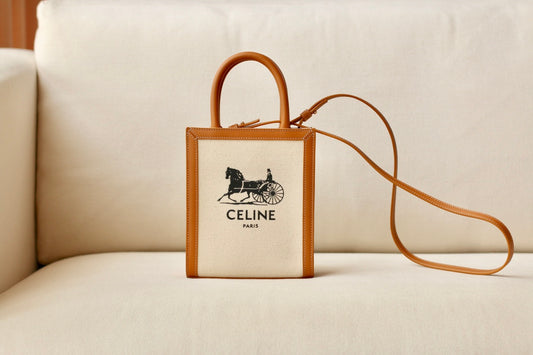 Celine CABAS迷你SULKY印花織物和牛皮革豎款手袋-黃棕布