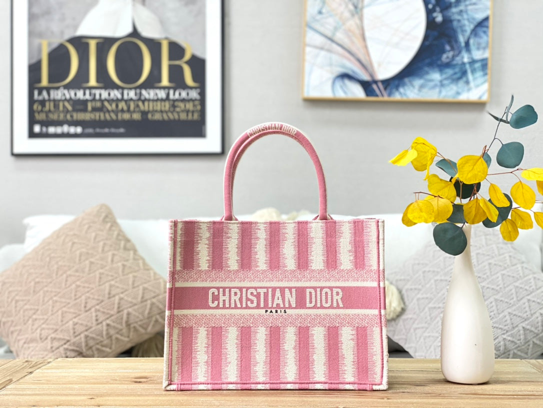 Dior Book Tote-小號36.5cm-粉色條紋