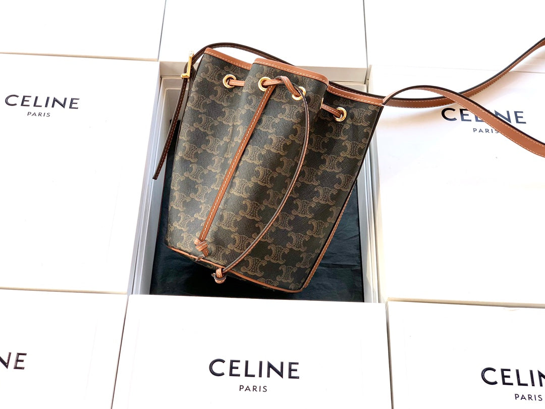 Celine TRIOMPHE帆布小號抽繩包-黃棕老花