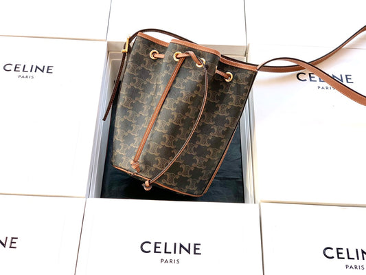 Celine TRIOMPHE帆布小號抽繩包-黃棕老花