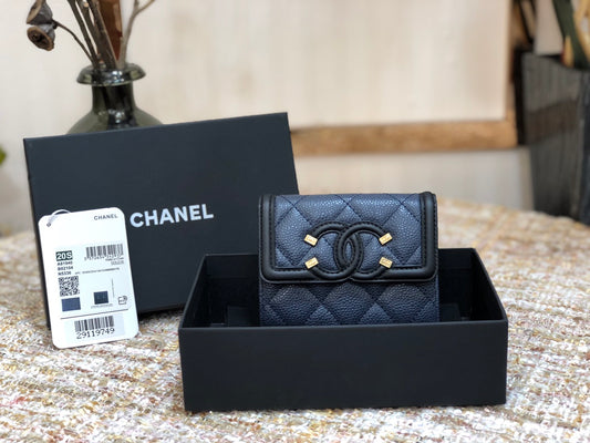 Chanel 復古CC荔枝牛皮-深藍色翻蓋雙層卡包-仿舊五金