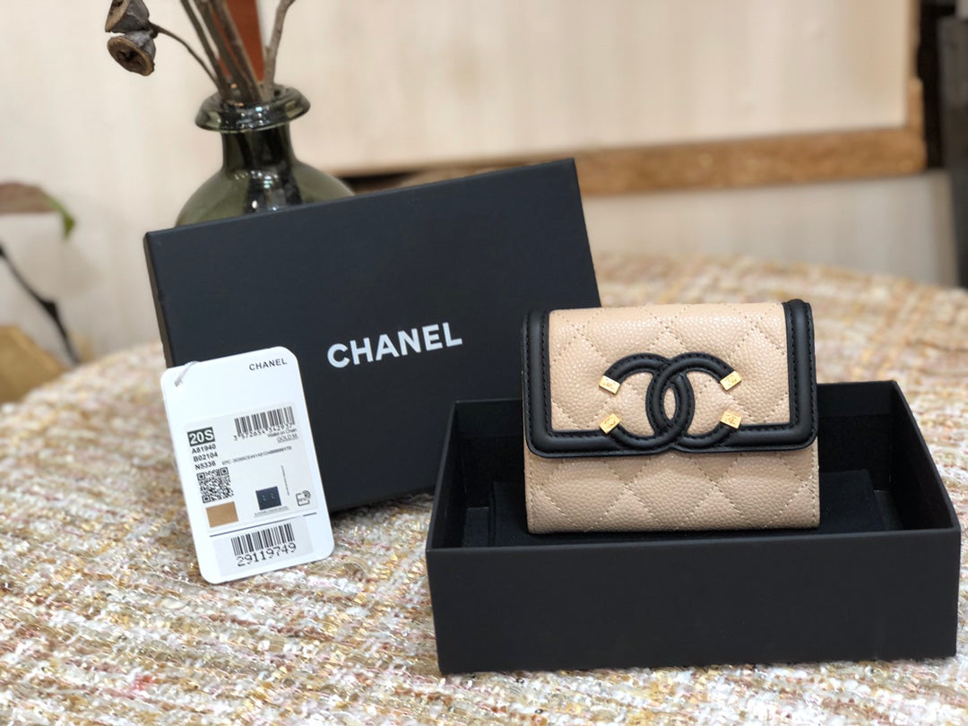 Chanel 復古CC荔枝牛皮-黑杏色翻蓋雙層卡包-仿舊五金