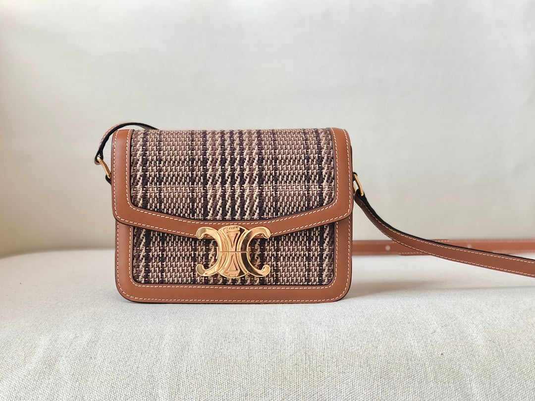 Celine Triomphe 小號人造革和牛皮革手袋-黃棕千鳥格