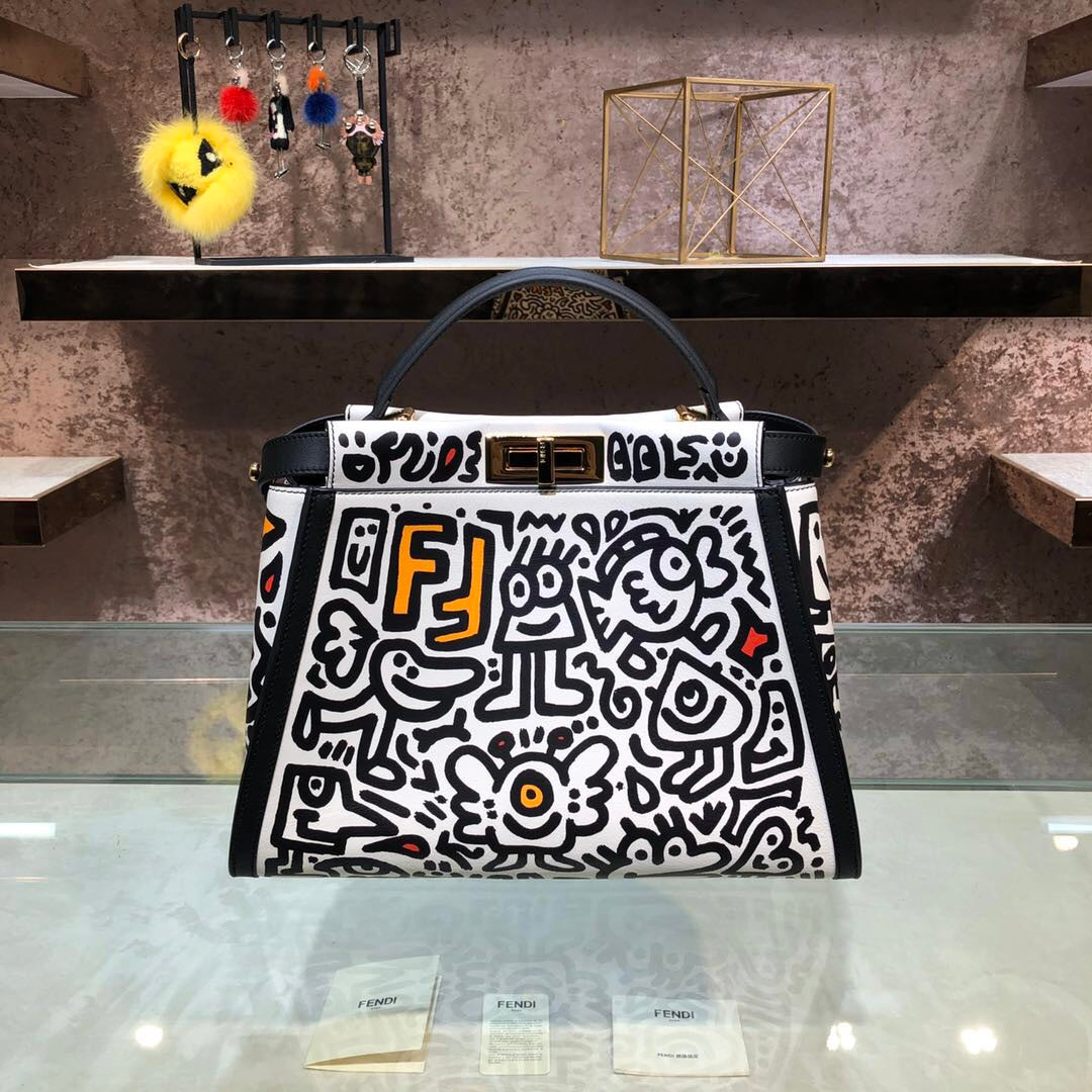 芬F家-PEEKABOO-中號Mr Doodle皮革手袋