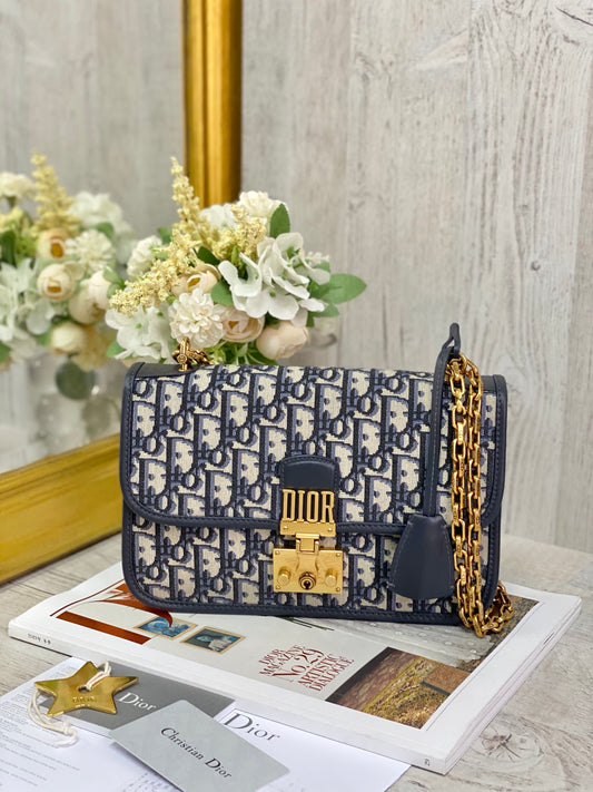 Dior WOC 鏈條包-帆布刺繡-深藍色老花