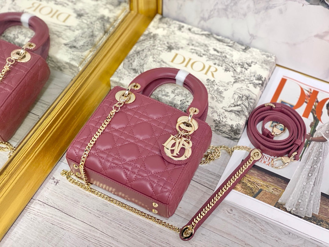 Dior-Mini Lady Dior手袋-三格黛妃-17cm-木槿粉金扣