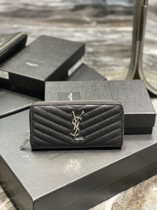 YSL 拉鍊長夾 黑色銀扣