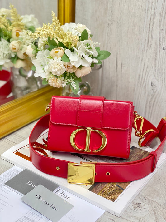 Dior 蒙田 Mini Box-平紋牛皮-金扣-17.5cm-紅色