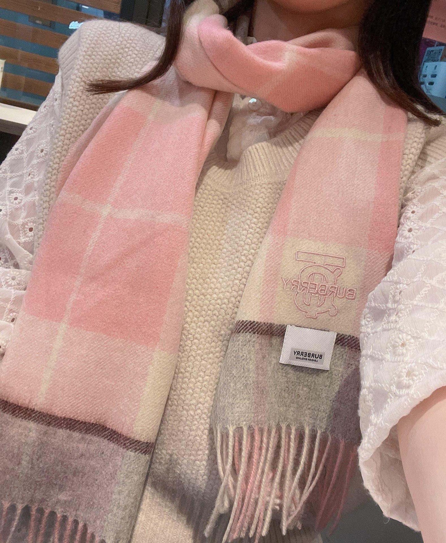 巴B家-格子圍巾 30*168cm 100%羊絨 粉色